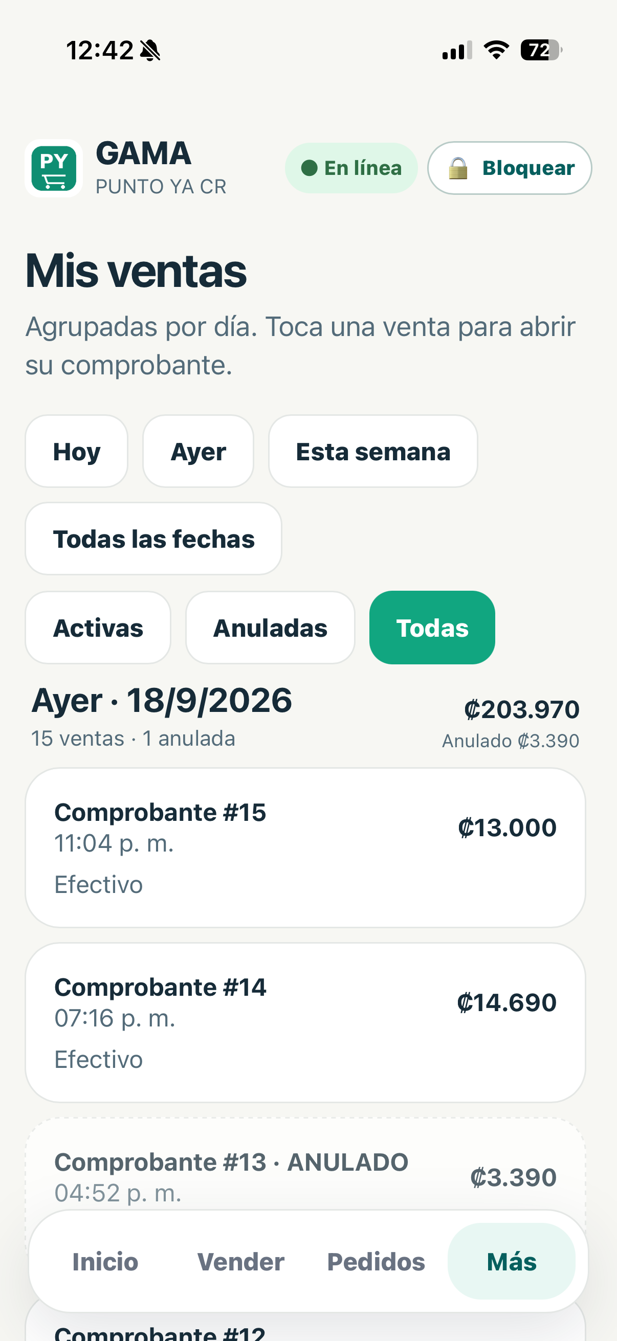 Pantalla real de PUNTO YA CR en móvil
